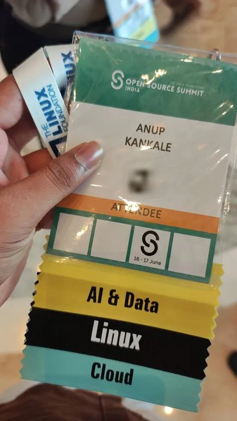 Anup Kankale's Open Source Summit India attendee badge with AI and Data, Linux and Cloud ribbons