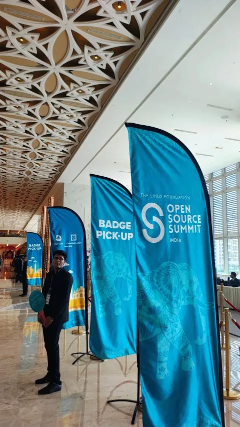 Open Source Summit India banners by The Linux Foundation lining the venue lobby